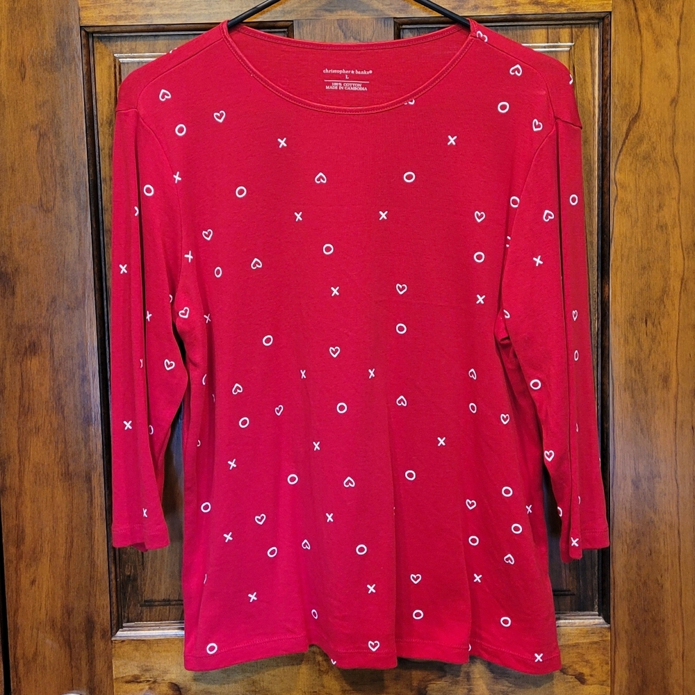 XO Heart Valentine's Day 3/4 Sleeve Top EUC Large